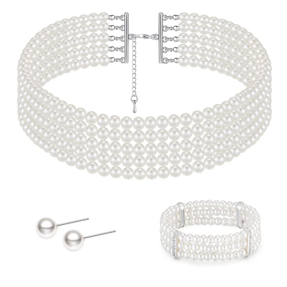 Layered Choker Pearl Necklaces Jewelry Set