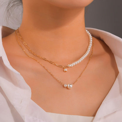 Chain Gold Bead Necklace Pearl Pendant Choker Multi Layer