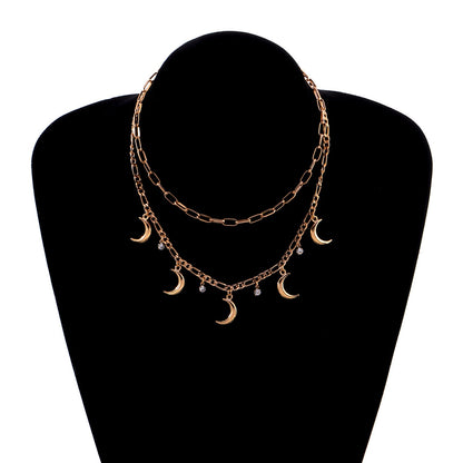 Vintage Jewelry Multi Moon Charm Layered Chain Necklace
