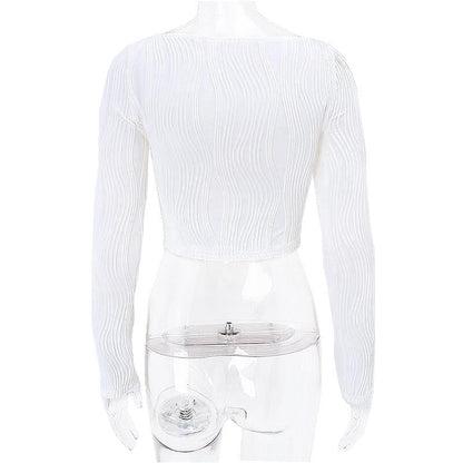 Autumn & Winter long-sleeved U-neck water ripple slim fit top T-shirt