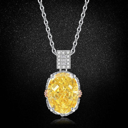 Multicolor Ice Flower Cut Oval CZ Pendant Necklace, 10*14mm 8A Cubic Zirconia, Two-Tone Pave CZ Halo with Pavé Top Frame, Adjustable Chain