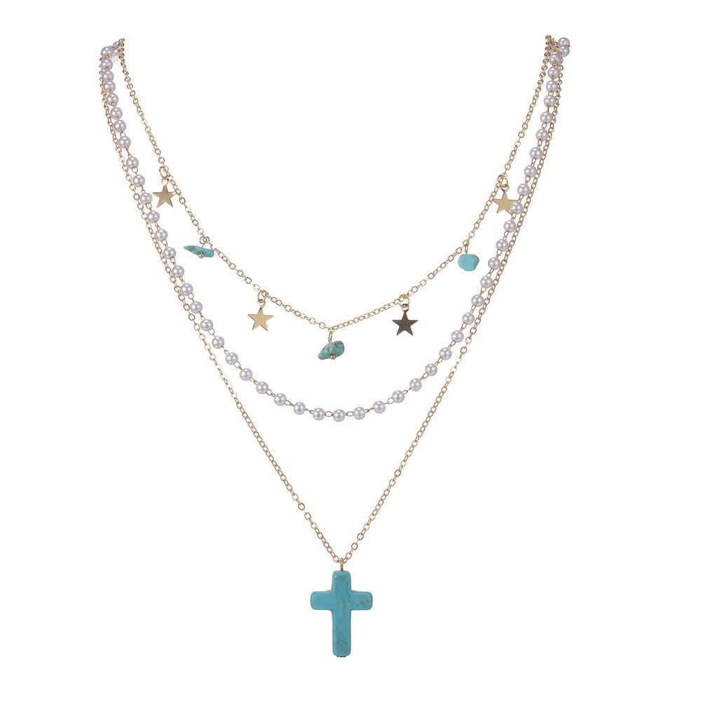 Turquoise Cross Pendant Stars Stone Pearl Multi-Layered