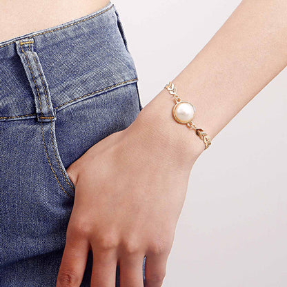 Leaf Chain Pearl Charm Bracelet