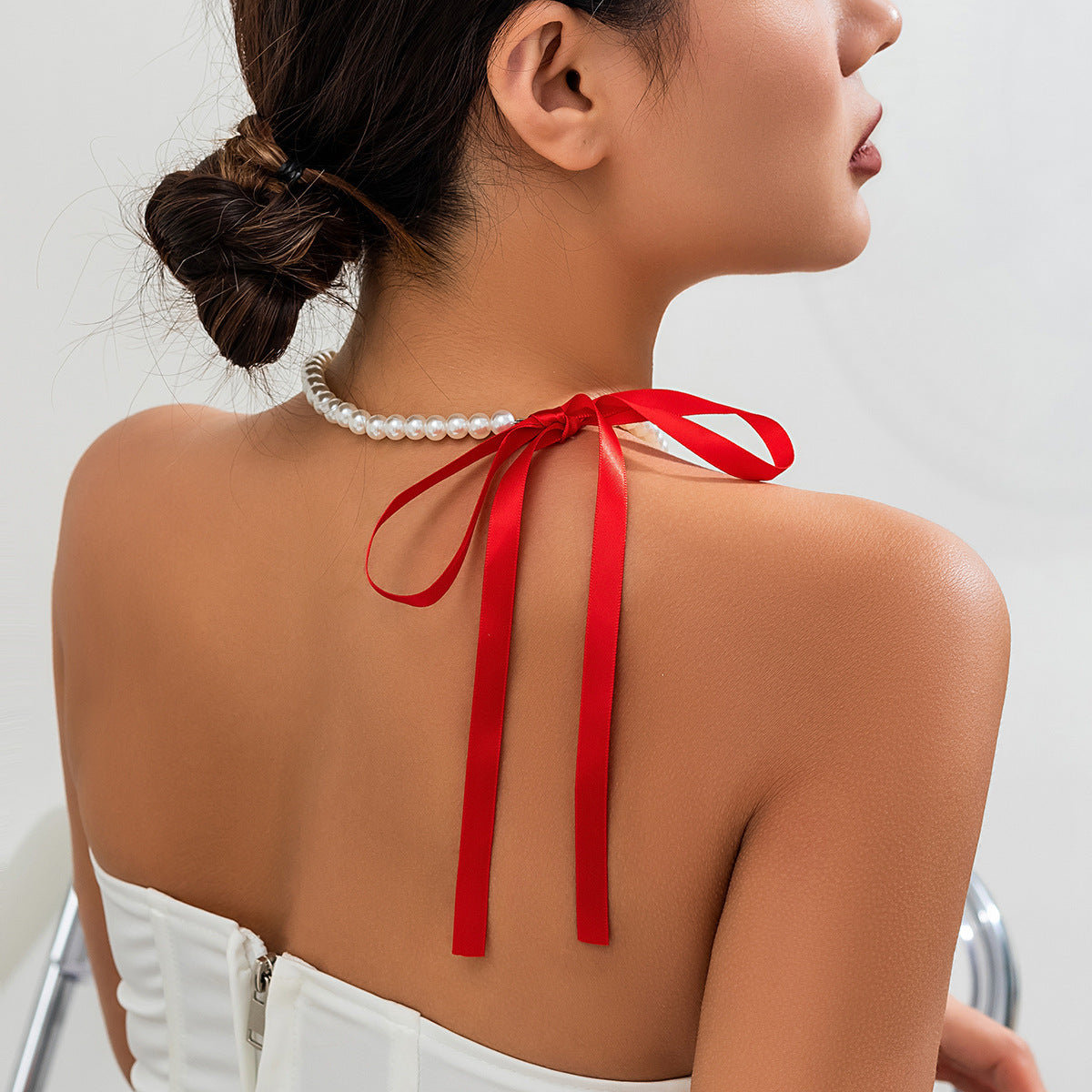Lace up Velvet Long Pearl Necklace for Women