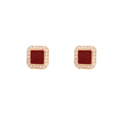 Geometric Square Pearl Stud Earrings