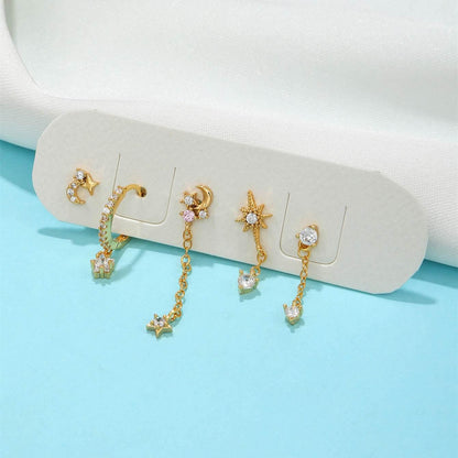 Stacking 5 Pieces Eight-Pointed Star Earrings Set, 18k Gold Plated Ear Studs & Ear Drops, Stacked Lobe Design with Dazzling Zircon Stones