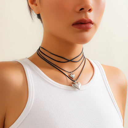 Heart Pendant Black Leather Wax Necklace
