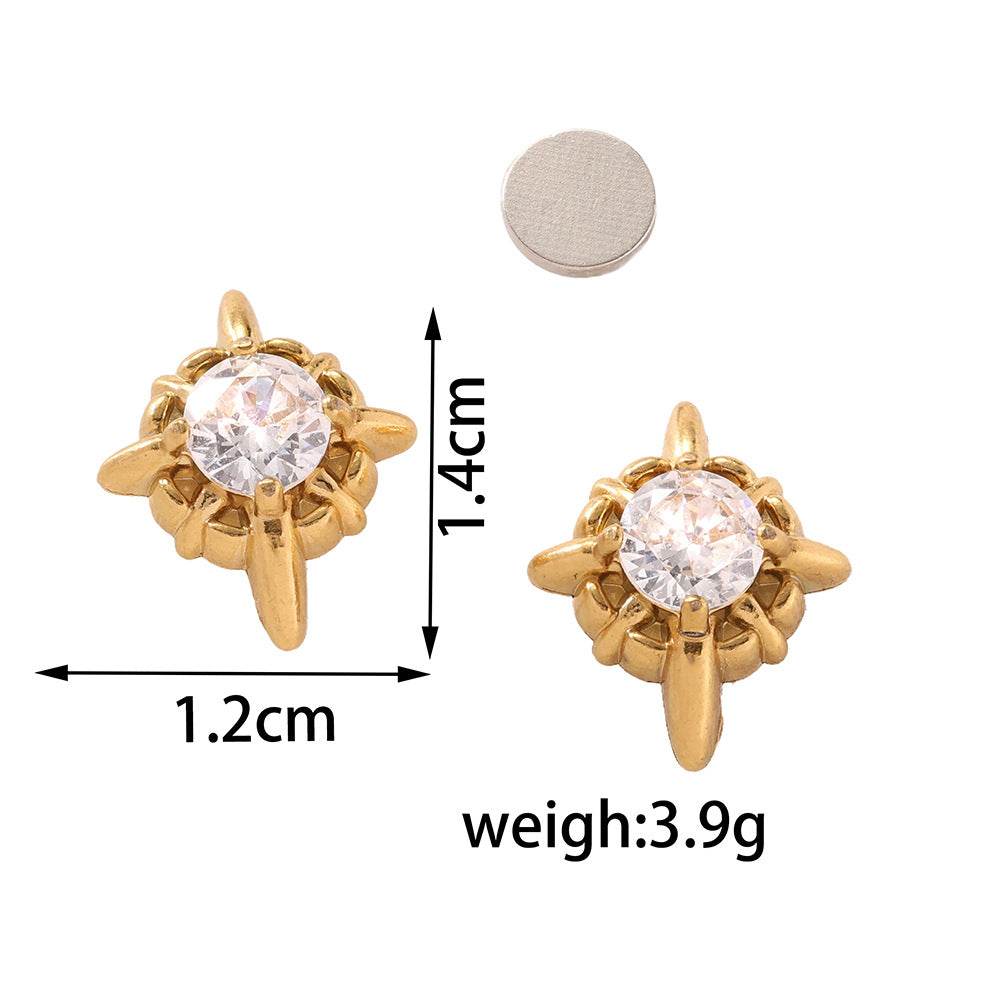 Magnetic 4-Pointed Star CZ Stud Earrings for Men Women, Multicolor Non-Piercing Clip On Stainless Steel