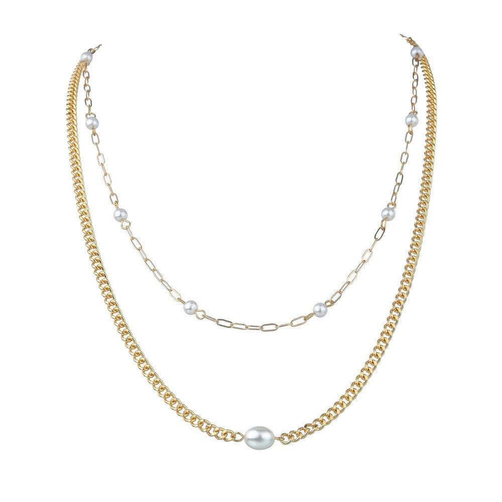 Plain Chain Layer Faux Pearl Choker Jewelry Necklace