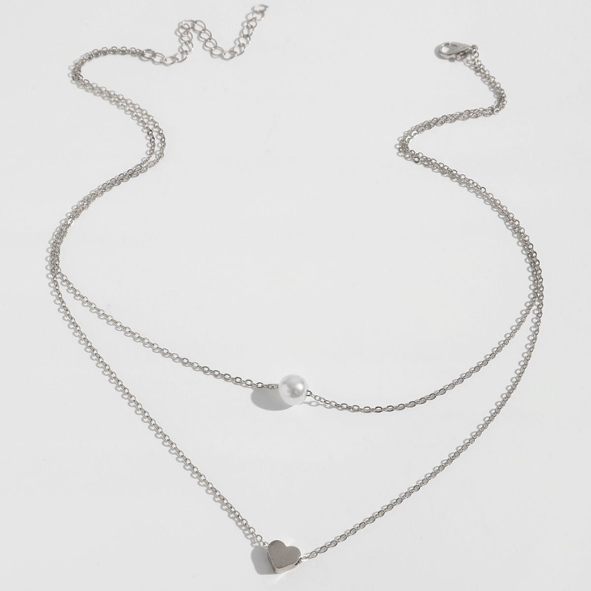 Women Pearl Charm Heart Pendant Double Layer Necklace