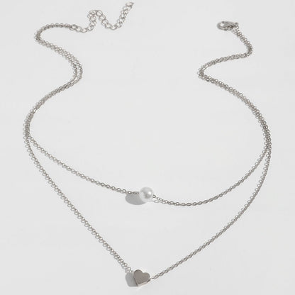 Women Pearl Charm Heart Pendant Double Layer Necklace