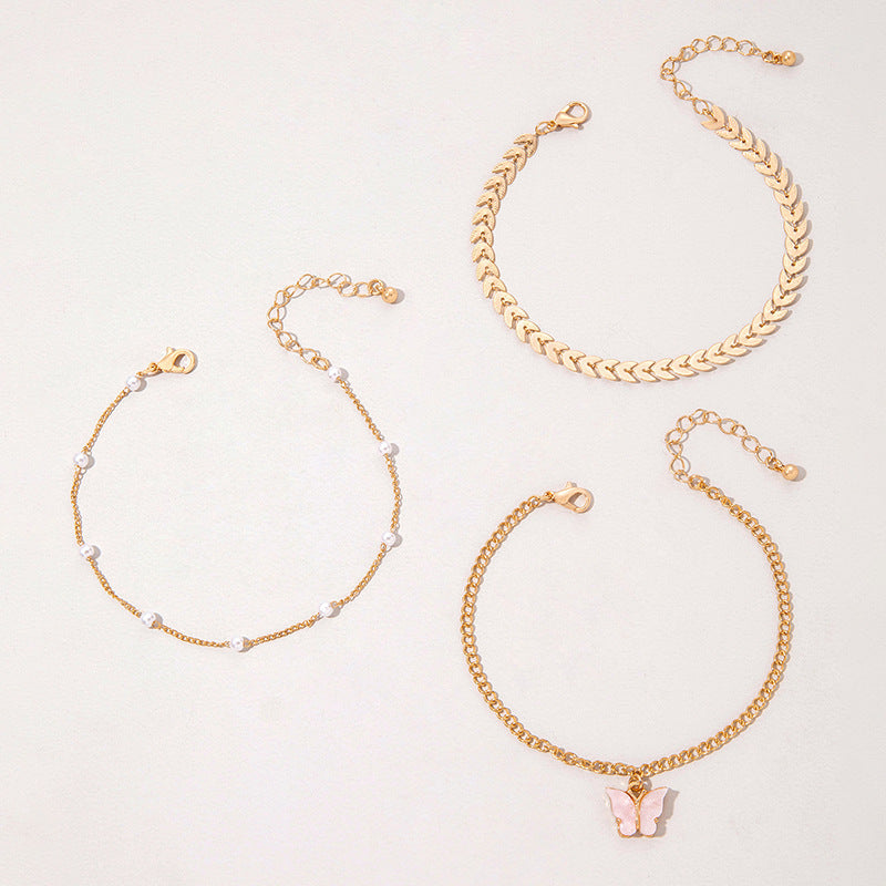Doubled Layered pink butterfly Anklet Women Jewelry