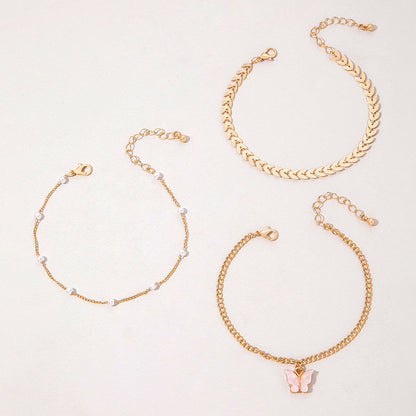 Doubled Layered pink butterfly Anklet Women Jewelry