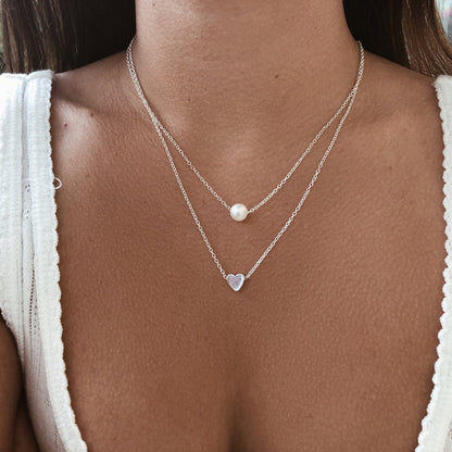 Sweet Double Layer White Pearl Heart Pendant Chain Necklace