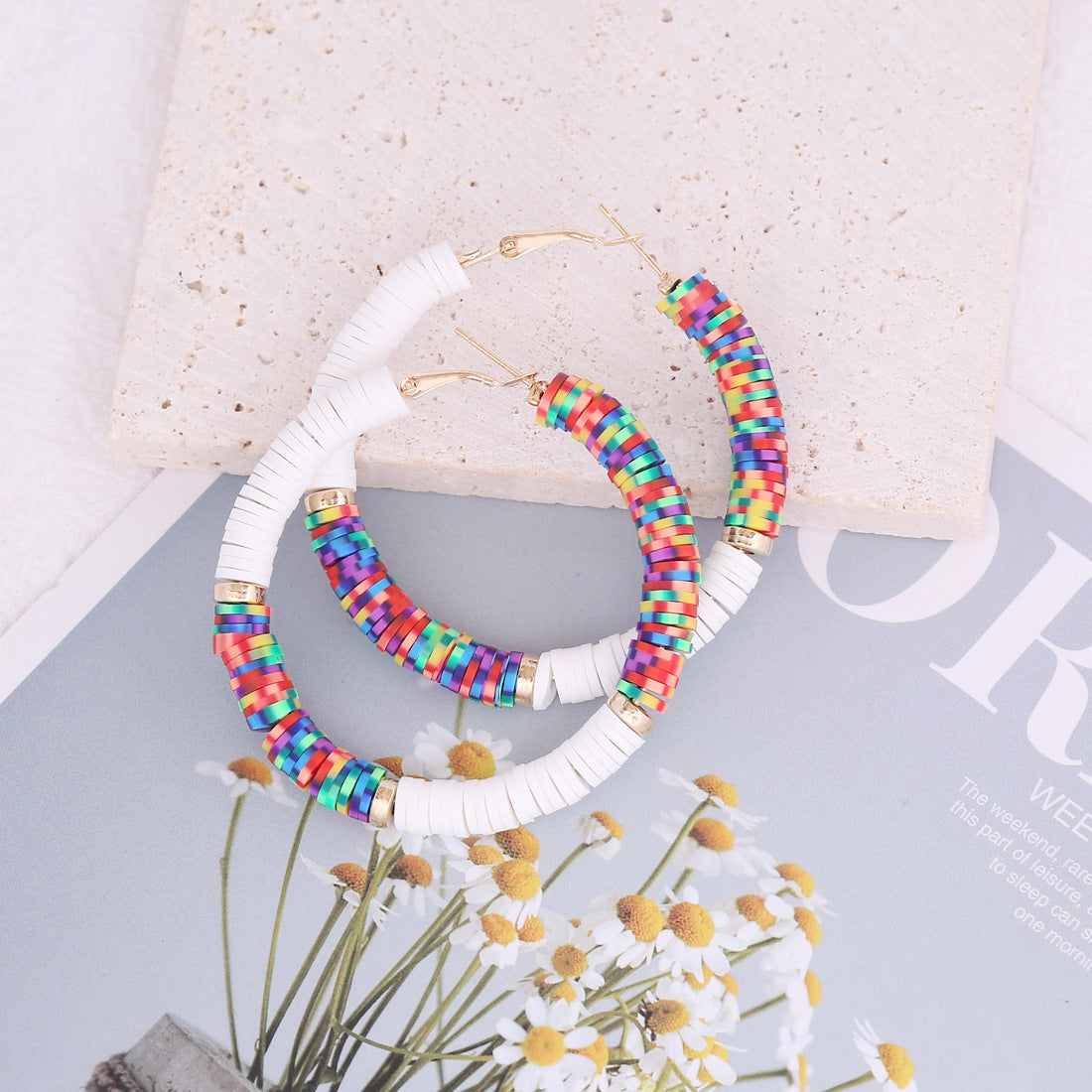 Bohemian Handmade Mix Color Plymer Clay Hoop Earrings