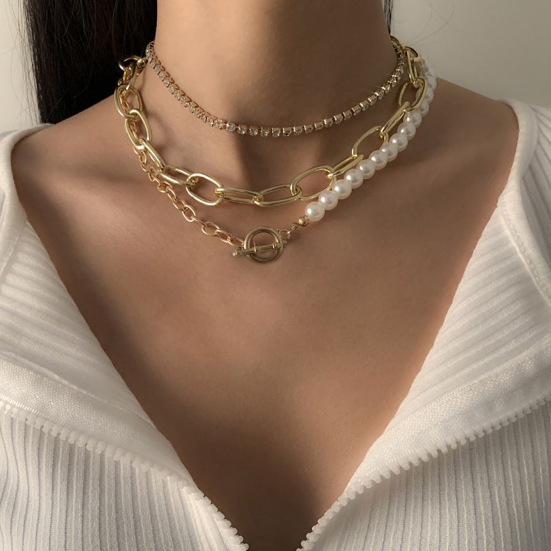 Vintage Baroque Pearl Necklace Rhinestone Collarbone Hip Hop Chain