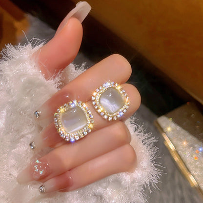 Opal Square Earrings Crystal Rhinestone Geometric Stud Earrings