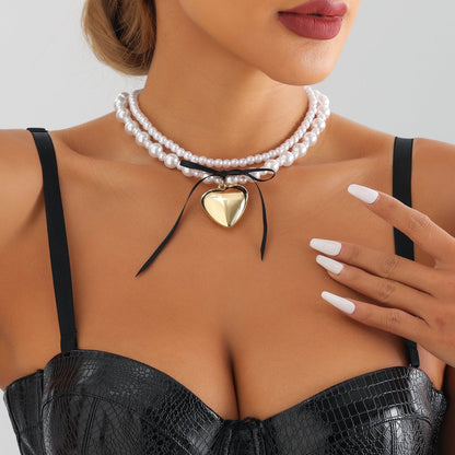 Pearl Bead Neckchain Black Ribbon Bowknot Heart Pendant Necklace