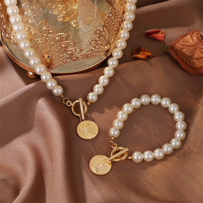 OT Clasp Lock Pearl Pendant Necklaces Gold Coin Charms
