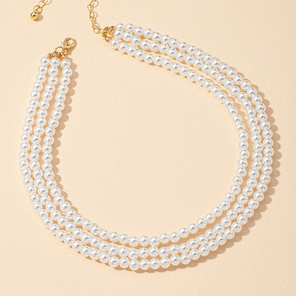 Faux Pearl Layered Three Strand Necklace Vintage