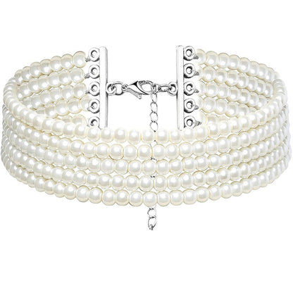 Bridal White Glass Pearl Multi-Strand Choker Necklace