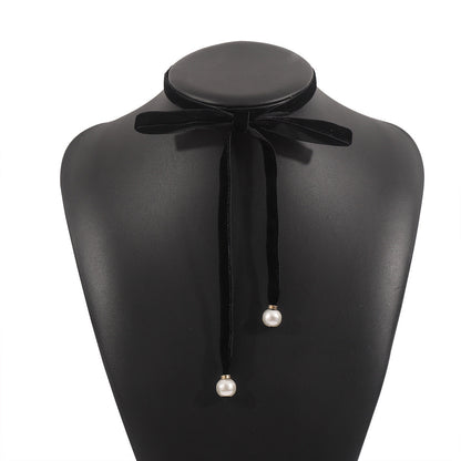Women Velvet Pearl Bow Choker Simple Long Lace up Necklace