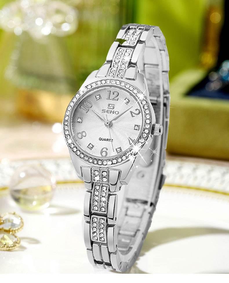 Seno Rhinestone Bracelet Watch, 30M Waterproof, Shimmering Rhinestone & Diamond Dial, Stylish Quartz Wristwatch for Women