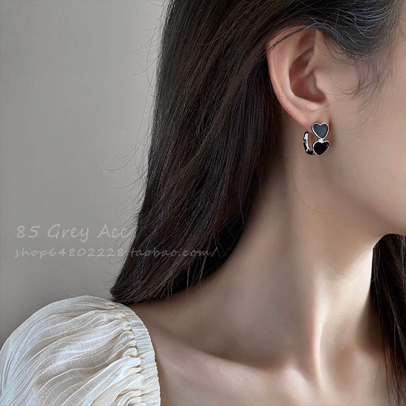 Vintage Goth Black Enamel Heart Stud Earrings