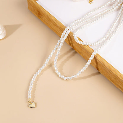 Long Pearls Necklace Layer Beads Heart Pendant Vintage Jewelry