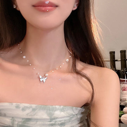 Fashion Silver Pearl butterfly Pendant Necklaces