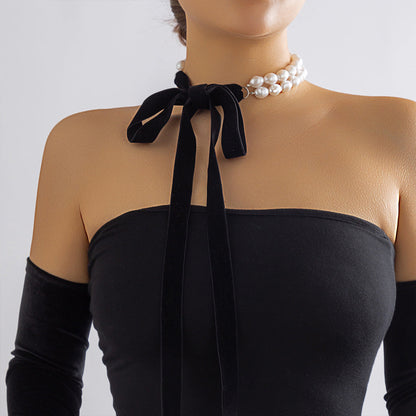 Long Black Velvet Ribbon Bow Choker