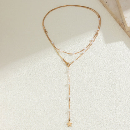 Pearl Fringe Star Round Piece Pendant Chain Necklace