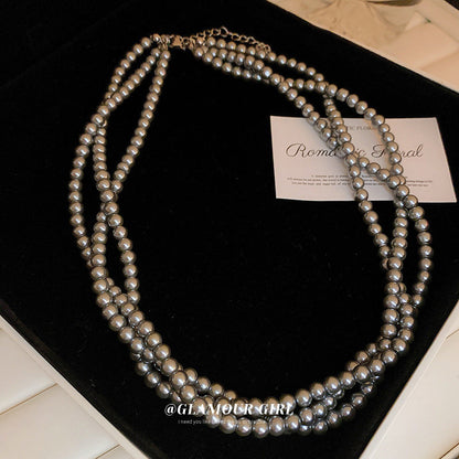 Retro Choker Multi Layer Grey Pearl Necklace Women