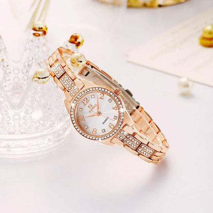 Seno Rhinestone Bracelet Watch, 30M Waterproof, Shimmering Rhinestone & Diamond Dial, Stylish Quartz Wristwatch for Women