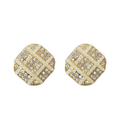 Geometric Rhinestone Small Pearl Square Earrings
