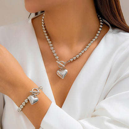 Pearl Beaded love Pendant Bracelet Necklace Set