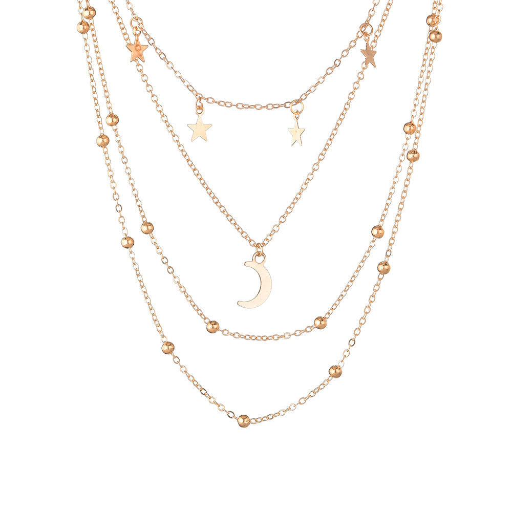 Fashion Star and Moon Three Layer Plated Gold Necklace