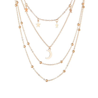 Fashion Star and Moon Three Layer Plated Gold Necklace