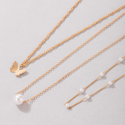 Multi Layers Pearl Butterfly Charm Necklace