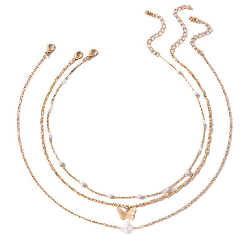 Multi Layers Pearl Butterfly Charm Necklace