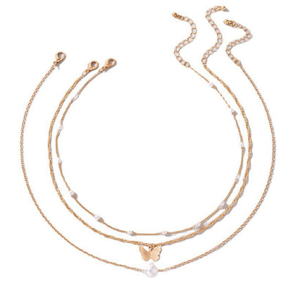 Multi Layers Pearl Butterfly Charm Necklace