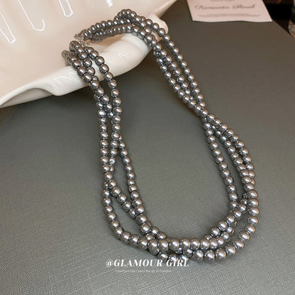 Retro Choker Multi Layer Grey Pearl Necklace Women