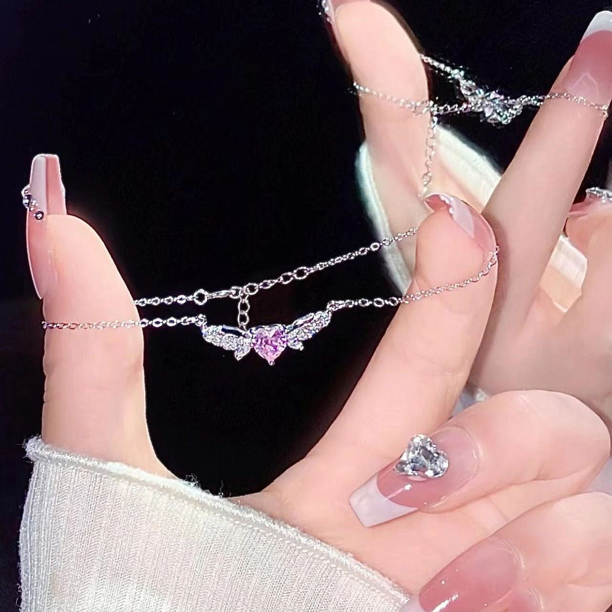 Pink Heart Angel Wings Necklace Bracelet