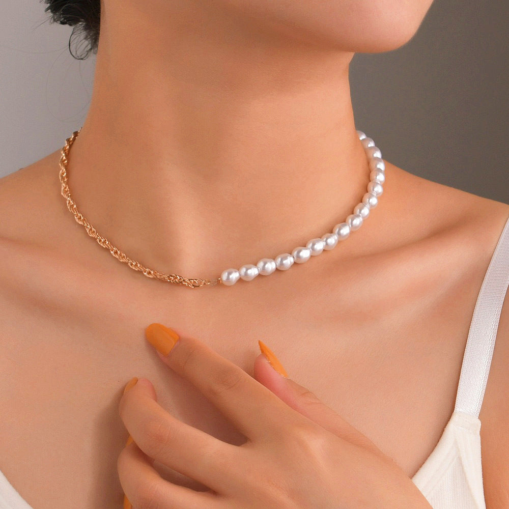Chain Link Choker Necklace Half Pearl