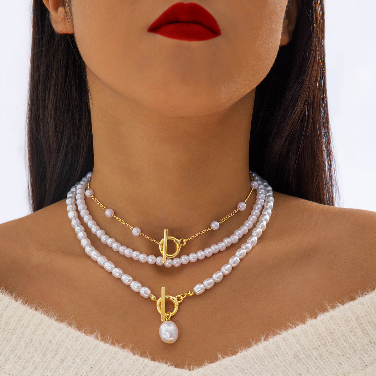 Vintage Chain Pearl Necklace Multilayer Geometric