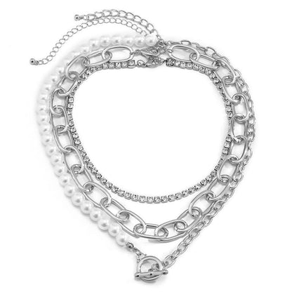 Vintage Baroque Pearl Necklace Rhinestone Collarbone Hip Hop Chain