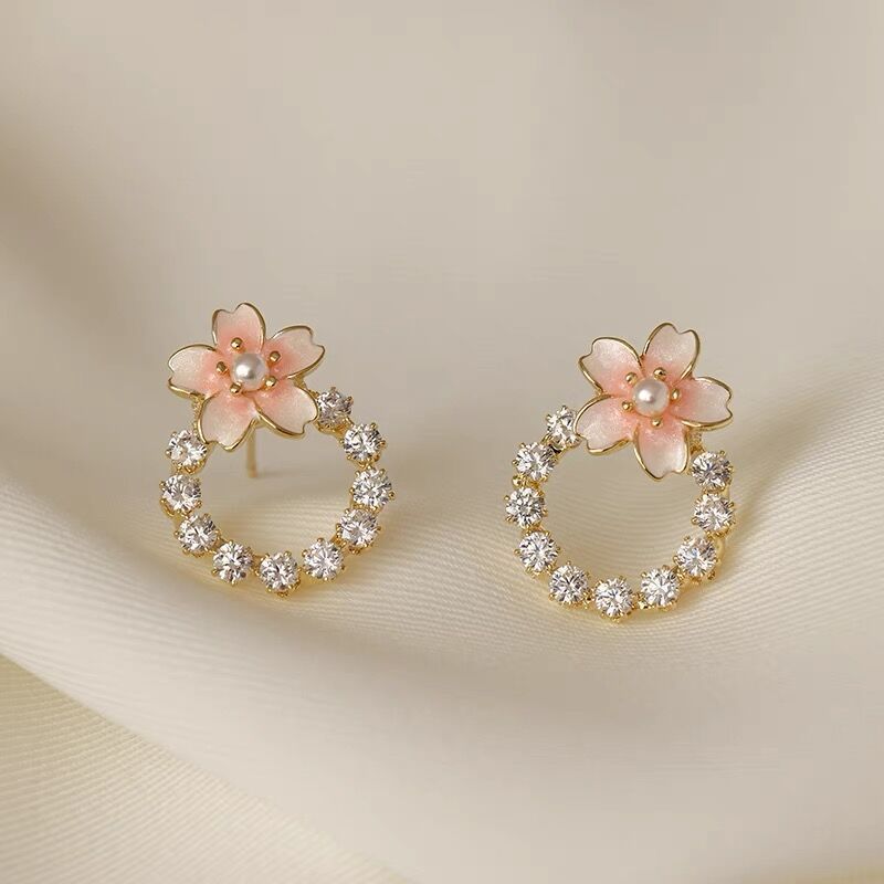 Pink Cherry Blossom Wreath Stud Earrings