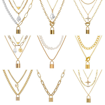 Heart Star Charm Paperclip Chain Choker Necklace Layered Lock Pendant