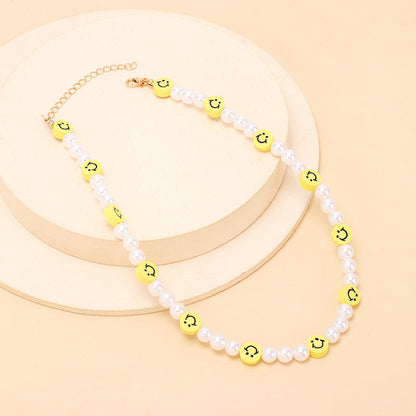 Bohemian Style Smiley Face and White Resin Pearl Necklace