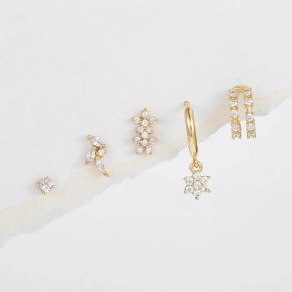 Stacking 5 Pieces Floral & Geometric Zirconia Earring Set, 18k Gold Plated Studs, Drops & Hoops, S925 Needle